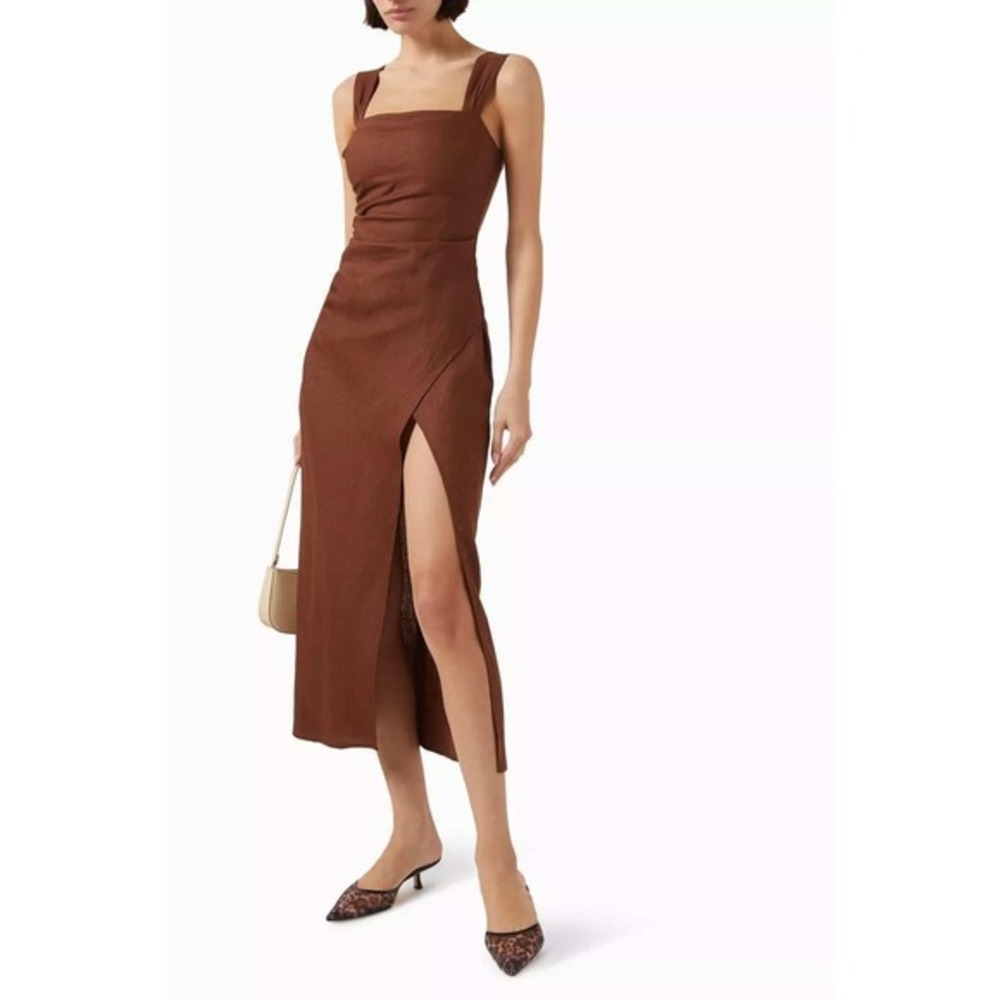 NWT Reformation Clement Linen Midi Dress Chocolate Cake - Size 8 - Picture 13 of 15